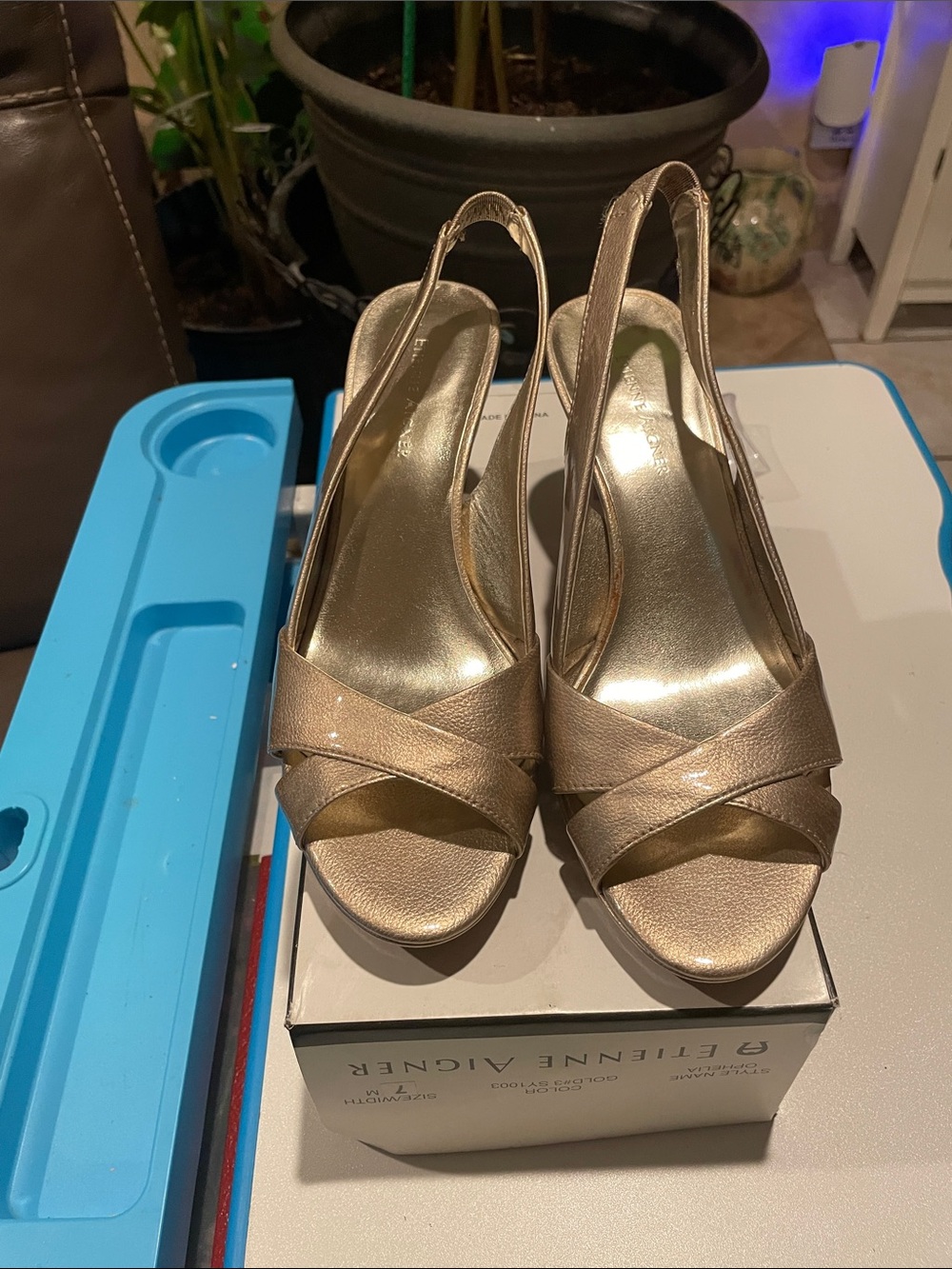 Etienne Aigner Metallic Gold Peep-Toe Slingback Heels